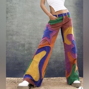 Free People Supernova Corduroy Flare Patch Jeans Pants in Rainbow Road